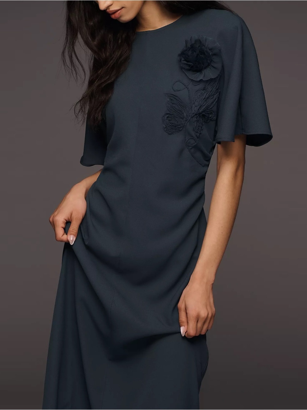 NWT - Maeve - Ruched Short-Sleeve Midi Dress - Navy Dusk